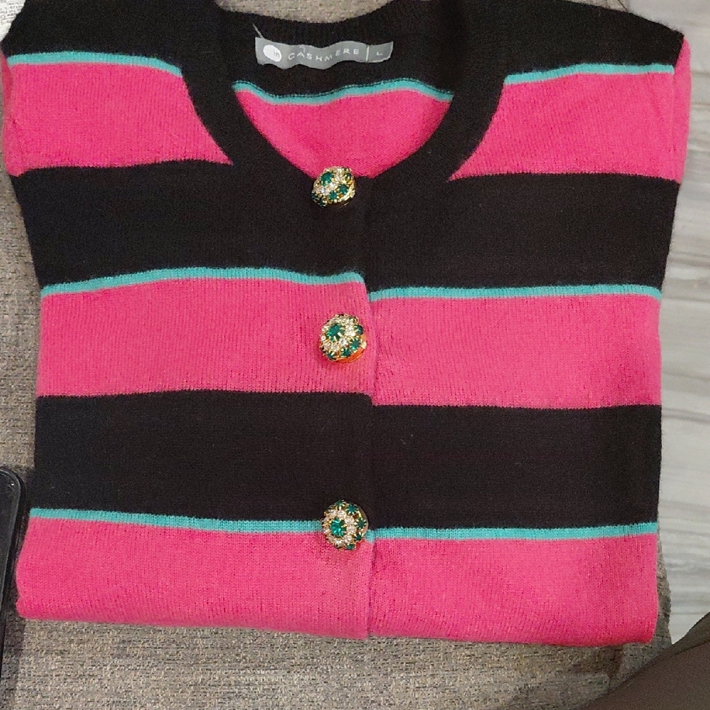 InCashmere Black and Pink Striped Cardigan